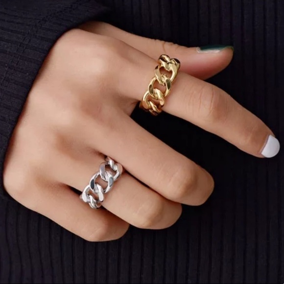 💎NEW 18k Gold 925 Sterling Silver Chunky Chain Ring - Picture 1 of 11